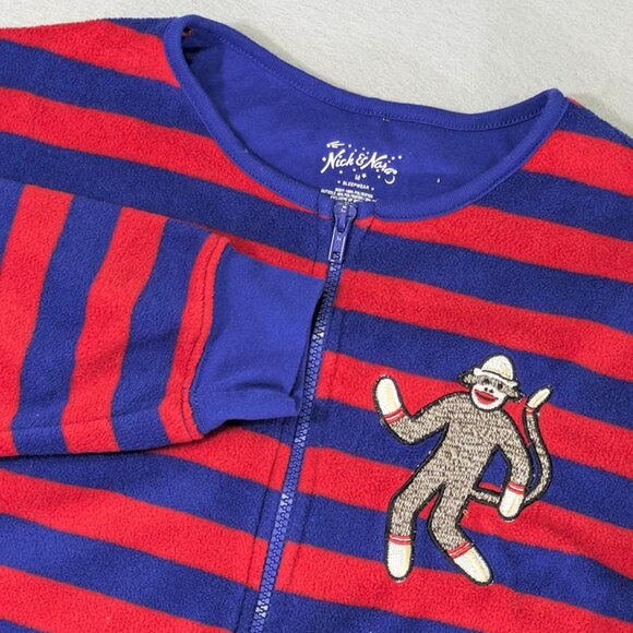 Nick & Nora Sock Monkey Footed One Piece PJs Womens M Striped Fleece Sleeper - Picture 1 of 16